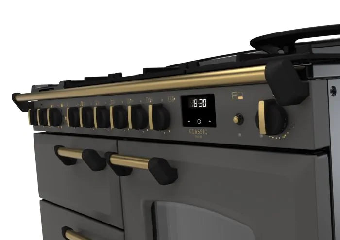 Rangemaster Classic Deluxe 110cm Dual Fuel Range Cooker - Slate & Brass | CLDLO110DFPSLT/AB1