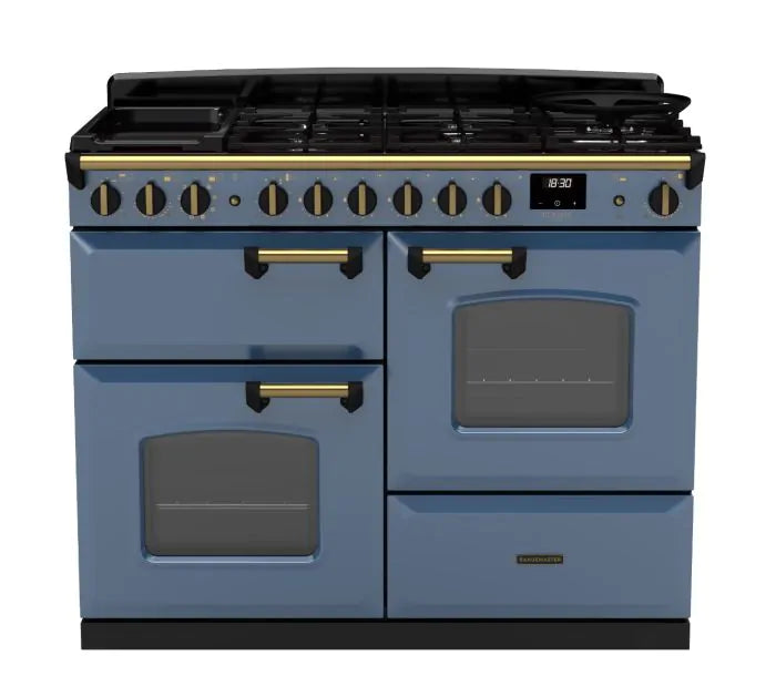 Rangemaster Classic Deluxe 110cm Dual Fuel Range Cooker - Stone Blue & Brass | CLDLO110DFPSTB/AB1