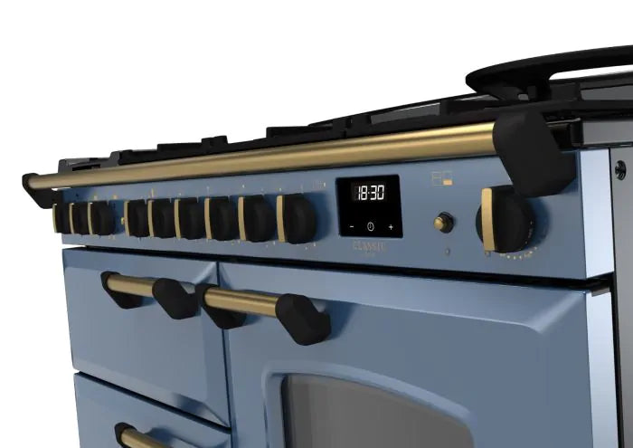 Rangemaster Classic Deluxe 110cm Dual Fuel Range Cooker - Stone Blue & Brass | CLDLO110DFPSTB/AB1