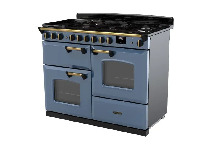 Rangemaster Classic Deluxe 110cm Dual Fuel Range Cooker - Stone Blue & Brass | CLDLO110DFPSTB/AB1