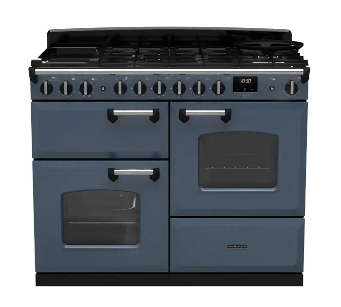 Rangemaster Classic Deluxe 110cm Dual Fuel Range Cooker - Stone Blue & Chrome | CLDLO110DFPSTB/CM1