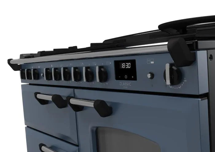Rangemaster Classic Deluxe 110cm Dual Fuel Range Cooker - Stone Blue & Chrome | CLDLO110DFPSTB/CM1