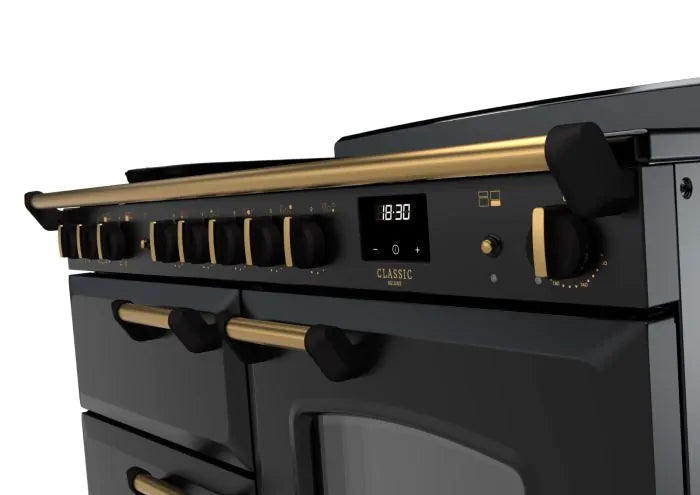 Rangemaster Classic Deluxe 110cm Induction Range Cooker - Charcoal Black & Brass | CLDLO110EIPCBL/AB1