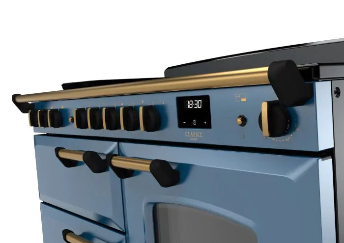Rangemaster Classic Deluxe 110cm Induction Range Cooker - Stone Blue & Brass | CLDLO110EIPSTB/AB1