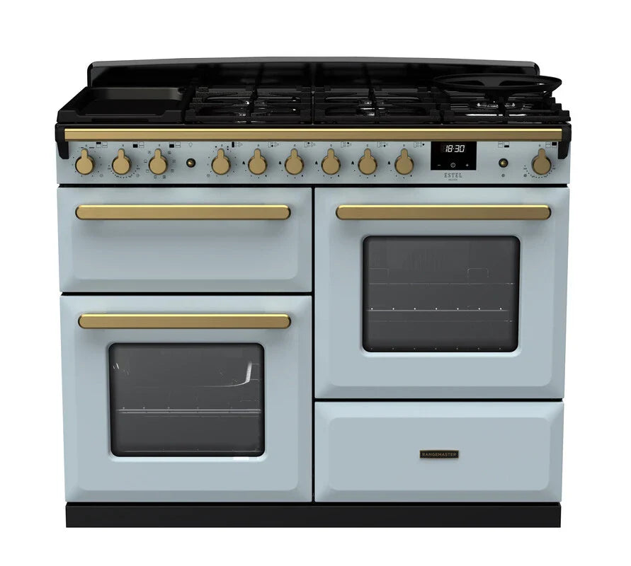 Rangemaster Estel Deluxe 110cm Dual Fuel Range Cooker - Misty Blue & Brass | ESDLO110DFPHMPMSB/AB1