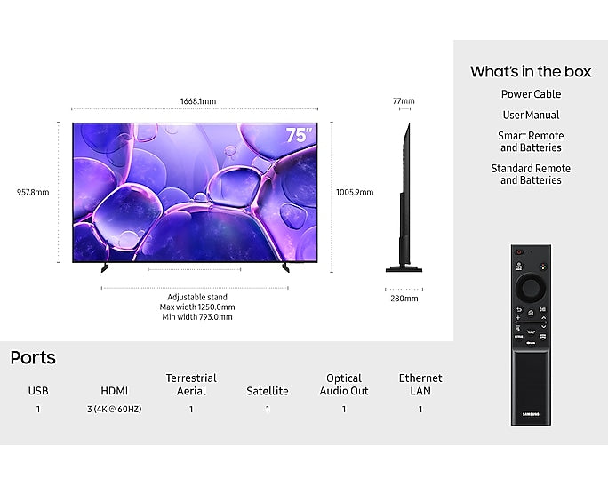 Samsung 75" Crystal UHD 4K HDR Smart TV (2025) | UE75U8000FKXXU