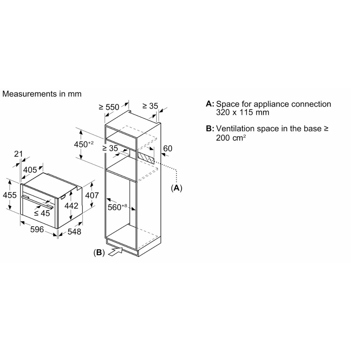 Neff N70 compact oven, dimensions diagram
