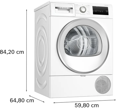 White Bosch dryer with dimensions labeled on a white background