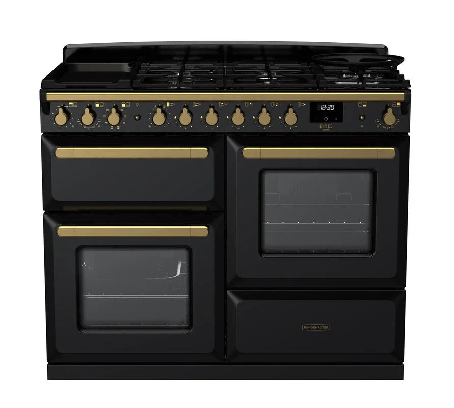 Rangemaster Estel Deluxe 110cm Dual Fuel Range Cooker - Glossy Black & Brass | ESDLO110DFPHGBL/AB1