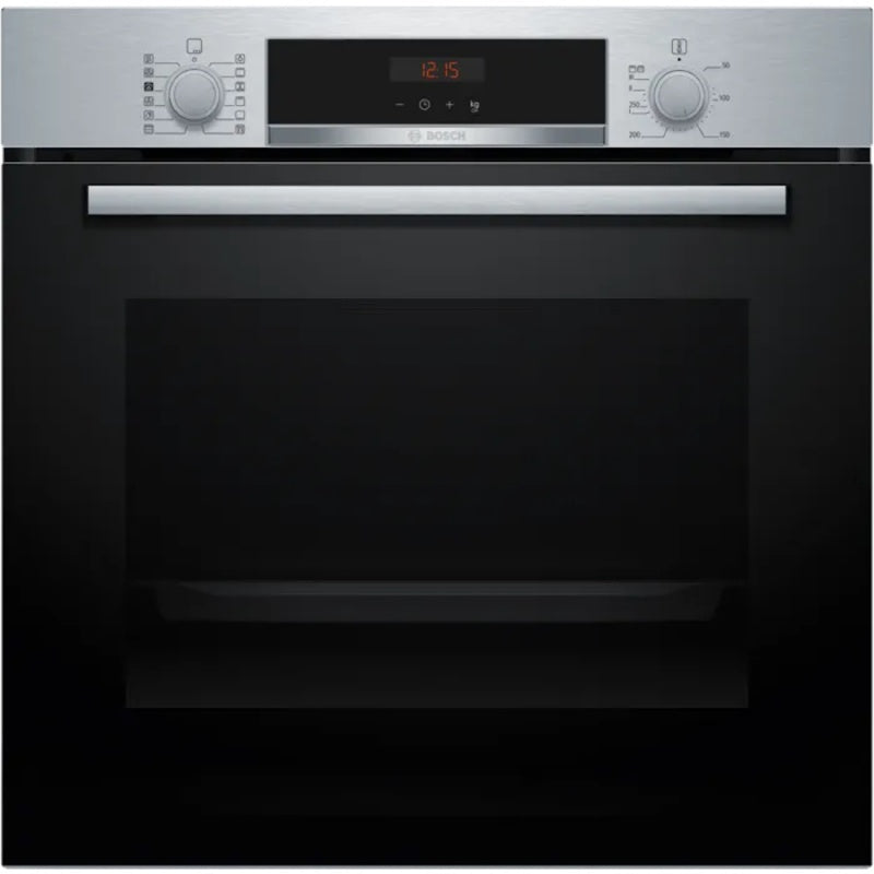 A black Bosch Series 4 built-in oven with a digital display and control knobs.