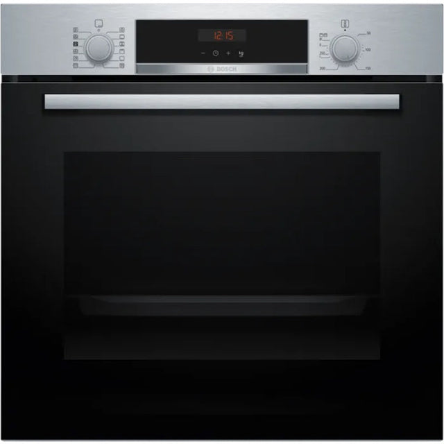 A black Bosch Series 4 built-in oven with a digital display and control knobs.
