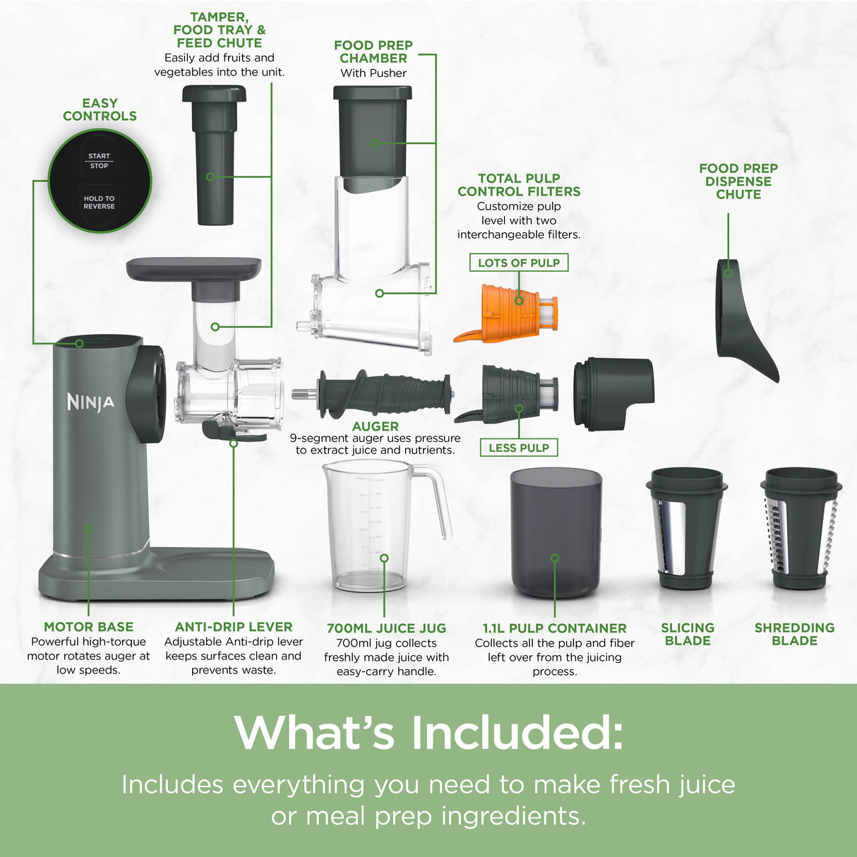 Ninja 3-in-1 Cold Press Juicer, Slicer & Shredder with Anti-Clog Filter | JC152UK