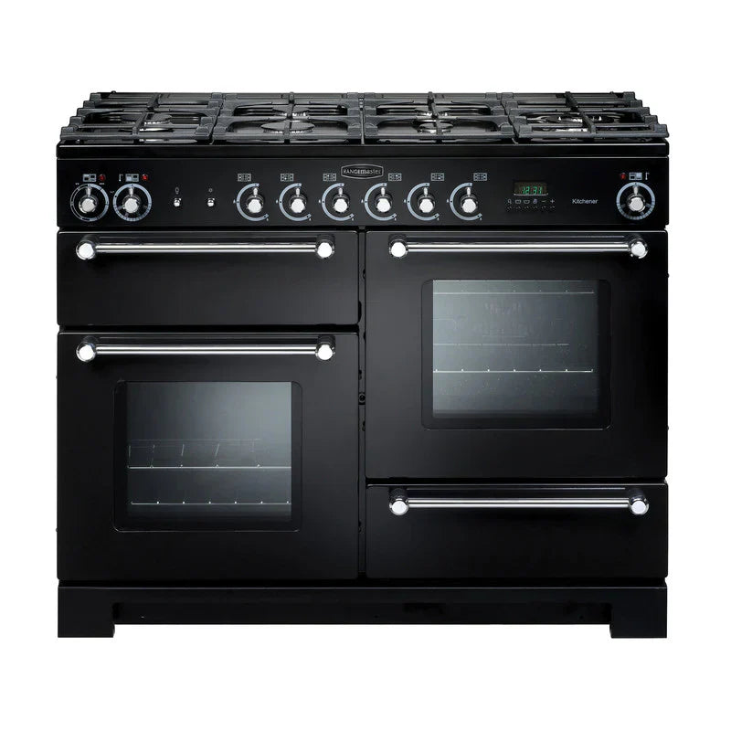 Rangemaster Kitchener 110cm Dual Fuel Range Cooker - Black & Chrome | KCH110DFFBL/C