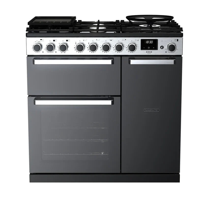 Rangemaster Edge 90cm Dual Fuel Range Cooker - Glossy Black & Chrome | EDDL90DFGBLK/CM1