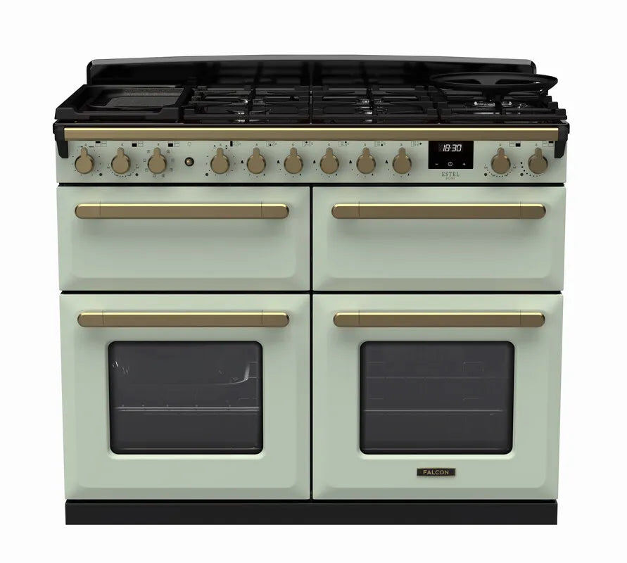 Rangemaster Estel Deluxe 110cm Dual Fuel Range Cooker (Slow Cook) - Mint Green & Brass  | ESDLB110DFPMNT/AB1
