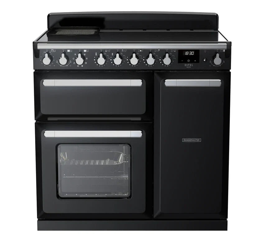 Rangemaster Estel 90cm Induction Range Cooker - Glossy Black & Chrome | ESDL90EIPGBL/CM1