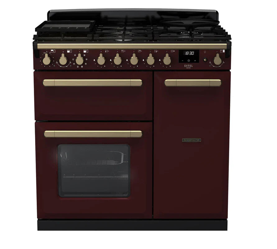 Rangemaster Estel 90cm  Dual Fuel Range Cooker - Bordeaux & Brass | ESDL90DFPBOR/AB1