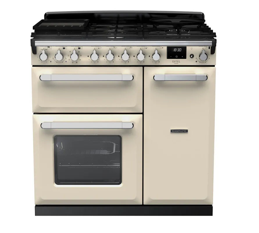 Rangemaster Estel 90cm Dual Fuel Range Cooker - Pale Cream & Chrome | ESDL90DFPPCR/CM1