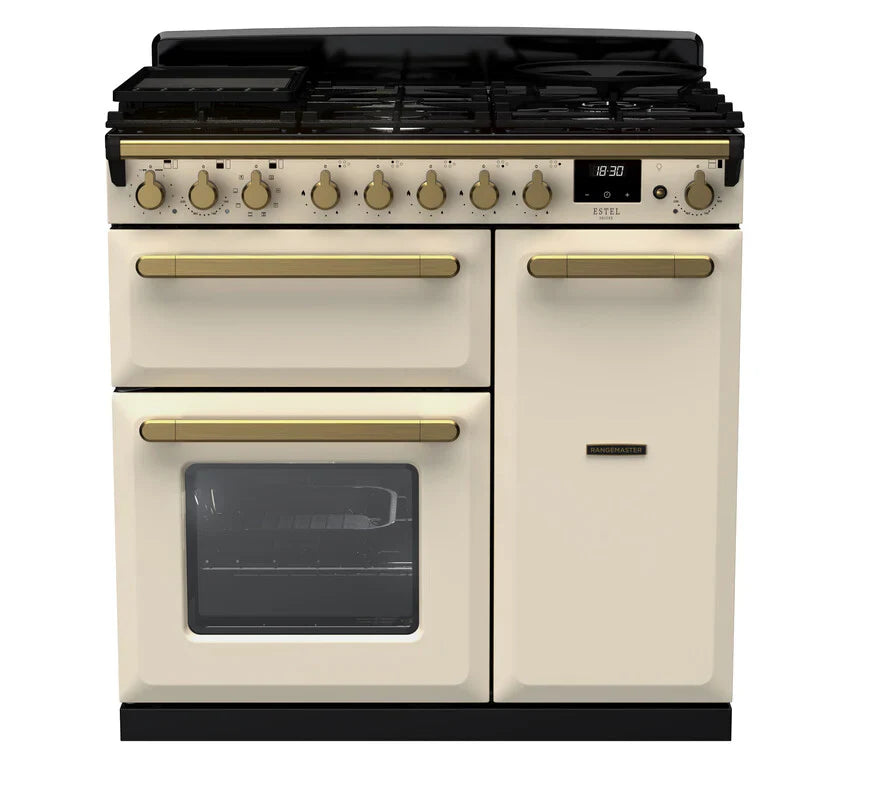 Rangemaster Estel 90cm Dual Fuel Range Cooker - Pale Cream & Brass | ESDL90DFPPCR/AB1