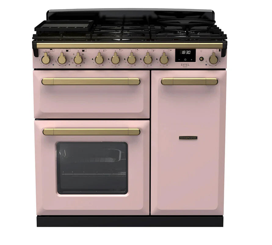 Rangemaster Estel 90cm Dual Fuel Range Cooker - Pale Pink & Brass | ESDL90DFPSLT/AB1