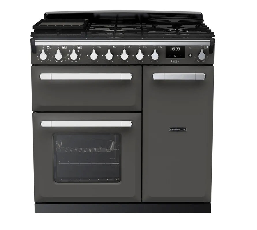Rangemaster Estel 90cm Dual Fuel Range Cooker - Slate & Chrome | ESDL90DFPSLT/CM1