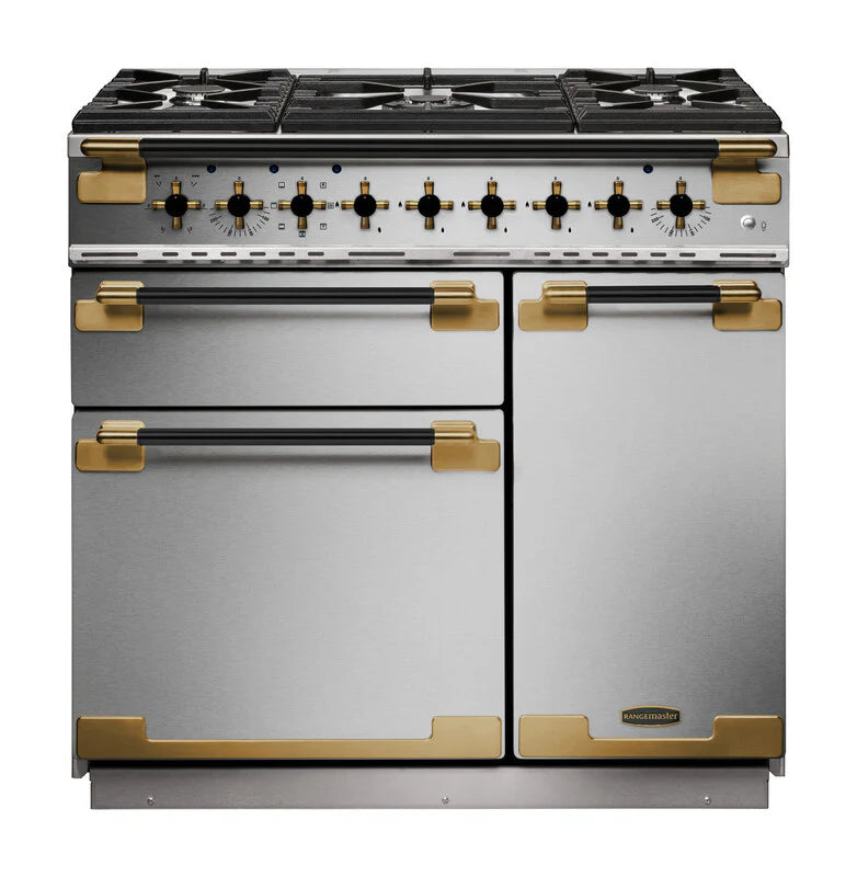 Rangemaster Elise Luxe 90cm Dual Fuel Range Cooker Black Edition - Stainless Steel & Brass | ELS90DFFSS/BE