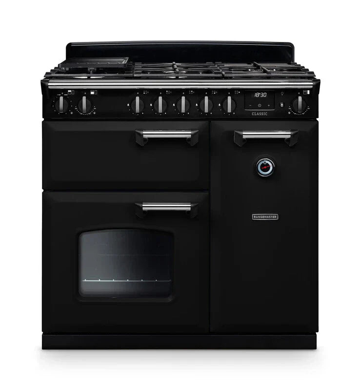 Rangemaster Classic 90cm Dual Fuel Range Cooker - Glossy Black & Chrome | CL90DFPGBL/CM1