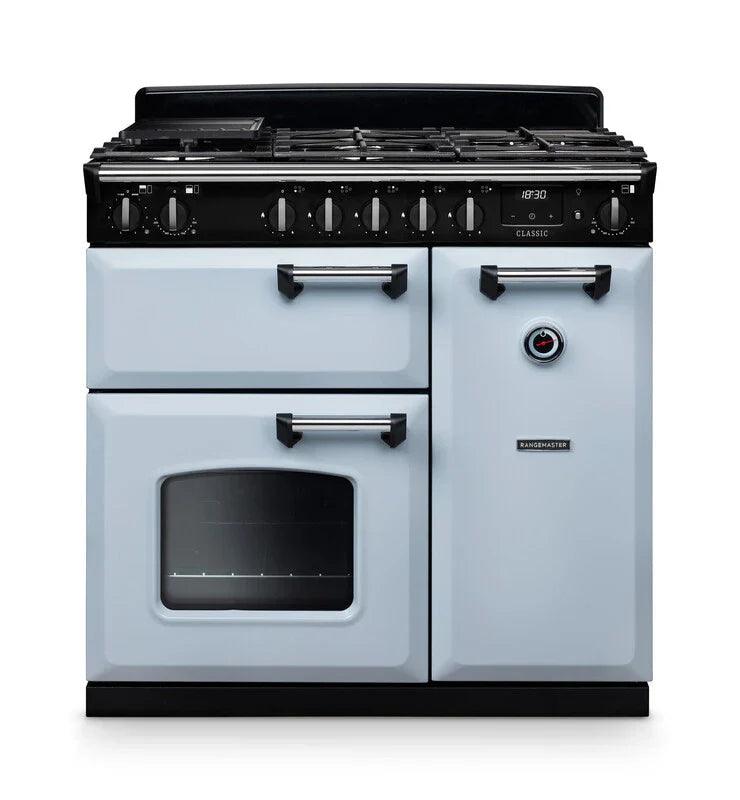 Rangemaster Classic 90cm Dual Fuel Range Cooker - Misty Blue & Chrome | CL90DFPMSB/CM1