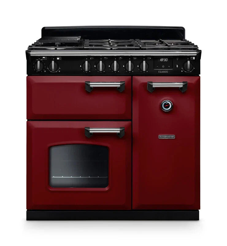 Rangemaster Classic 90cm Dual Fuel Range Cooker - Bordeaux & Chrome | CL90DFPBOR/CM1