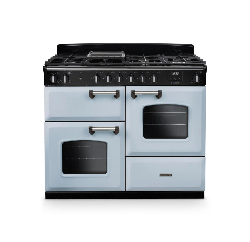 Rangemaster Classic 110cm Dual Fuel Range Cooker - Misty Blue & Chrome | CLO110DFPMSB/CM1