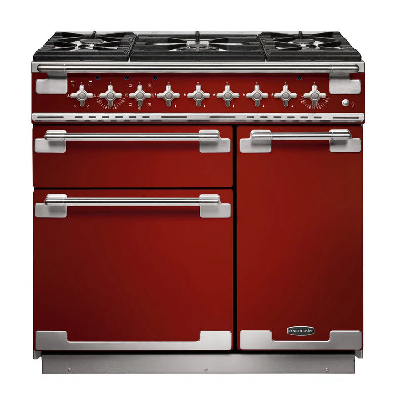 Rangemaster Elise 90cm Dual Fuel Range Cooker - Cherry Red & Brushed Nickel | ELS90DFFRD/