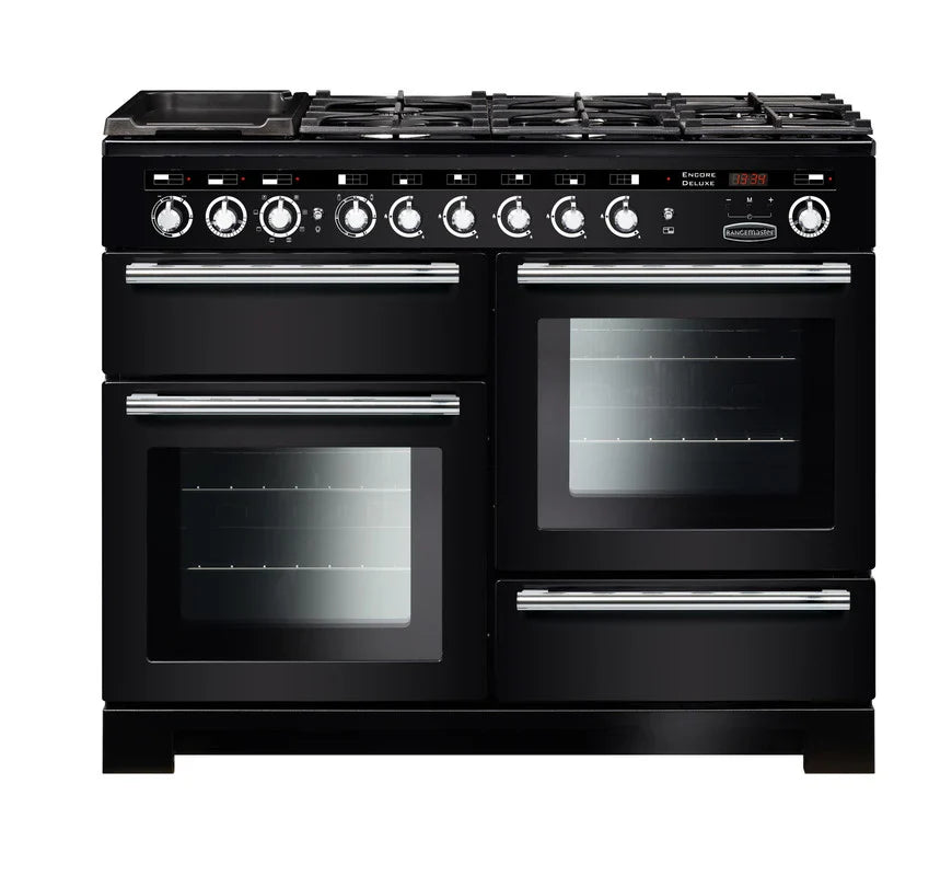 Rangemaster Encore Deluxe 110cm Dual Fuel Range Cooker - Black & Chrome | EDL110DFFBL/C