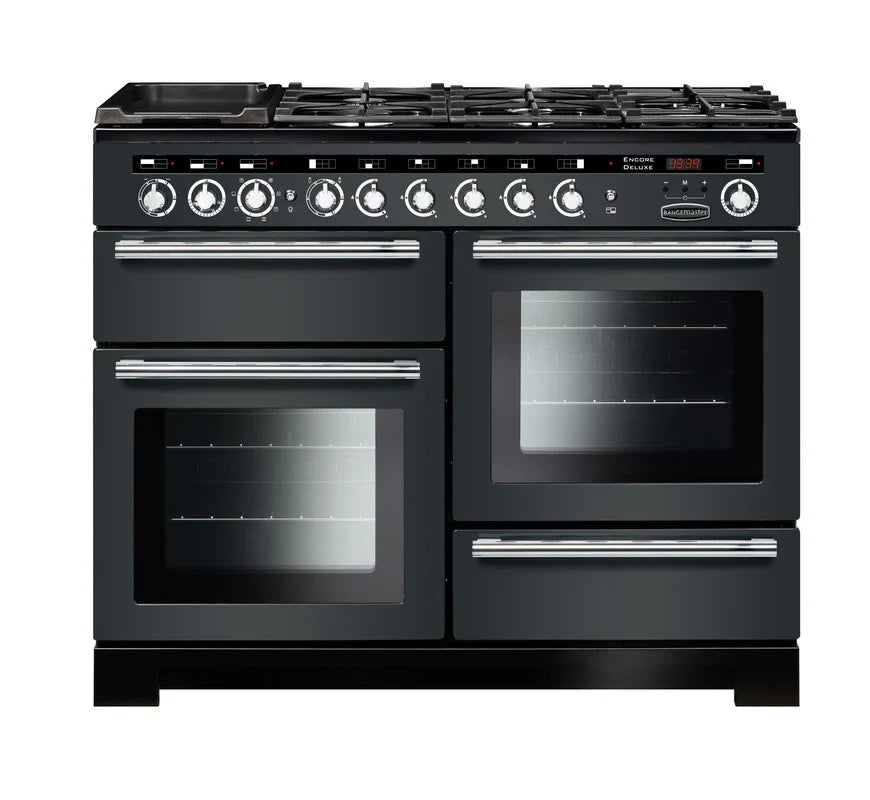 Rangemaster Encore Deluxe 110cm Dual Fuel Range Cooker - Slate & Chrome | EDL110DFFSL/C