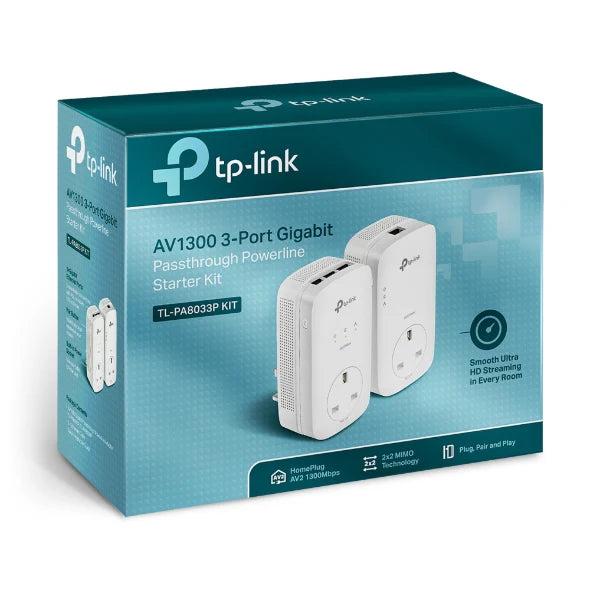 TP Link AV1300 3-Port Gigabit Passthrough Powerline Starter Kit | TL-PA8033PKIT