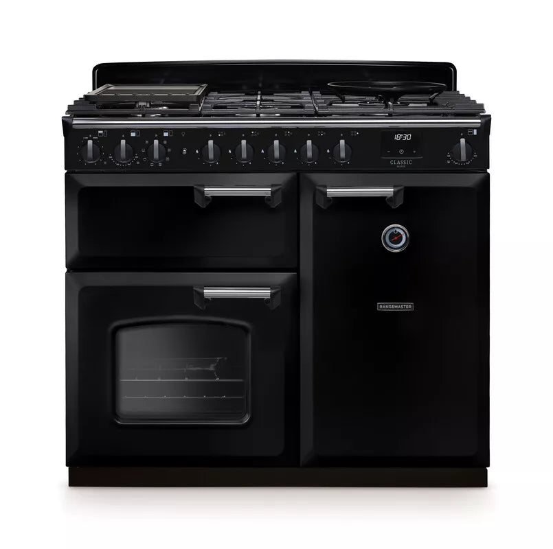 Rangemaster Classic Deluxe 100cm Dual Fuel Range Cooker - Glossy Black & Chrome | CLDL100DFPGBL/CM1