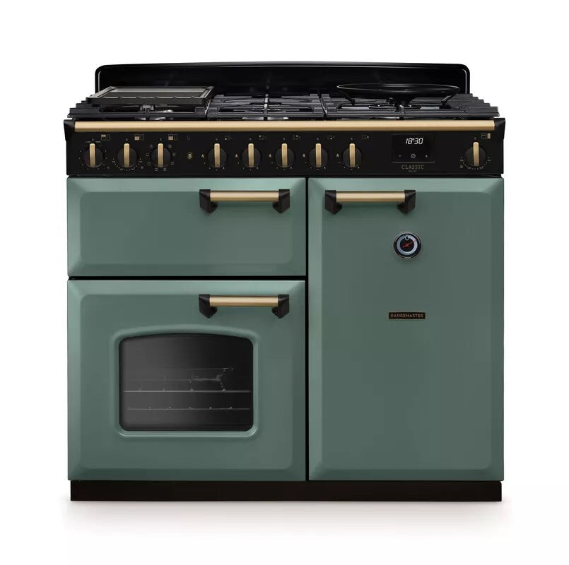 Rangemaster Classic Deluxe 100cm Dual Fuel Range Cooker - Mineral Green & Brass | CLDL100DFPMGR/AB1
