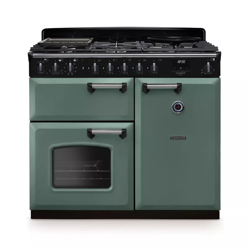 Rangemaster Classic Deluxe 100cm Dual Fuel Range Cooker - Mineral Green & Chrome | CLDL100DFPMGR/CM1