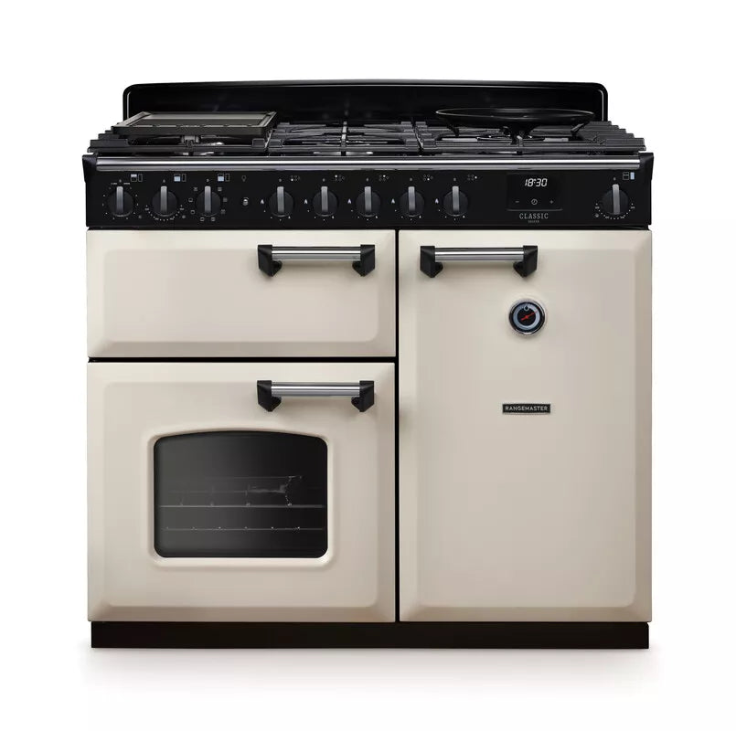 Rangemaster Classic Deluxe 100cm Dual Fuel Range Cooker - Pale Cream & Chrome | CLDL100DFPPCR/CM1