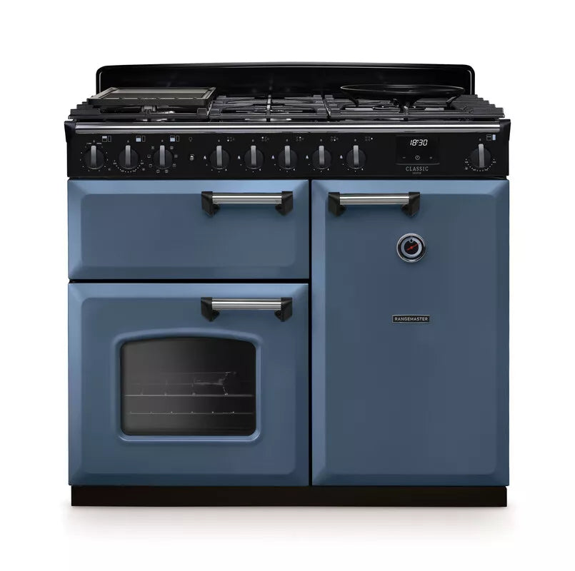 Rangemaster Classic Deluxe 100cm Dual Fuel Range Cooker - Stone Blue & Chrome | CLDL100DFPSTB/CM1