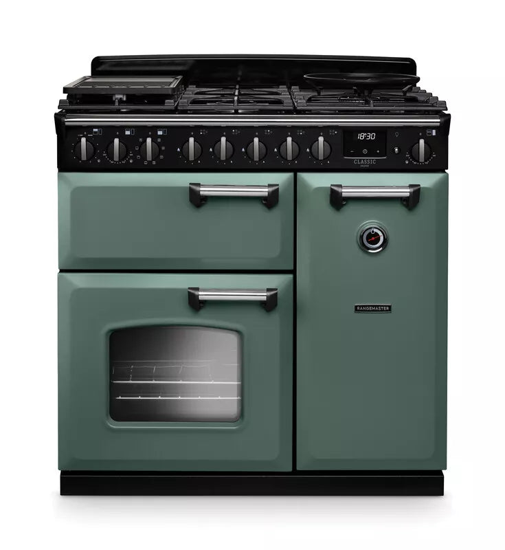 Rangemaster Classic Deluxe 90cm Dual Fuel Range Cooker - Mineral Green & Chrome | CLDL90DFPMGR/CM1
