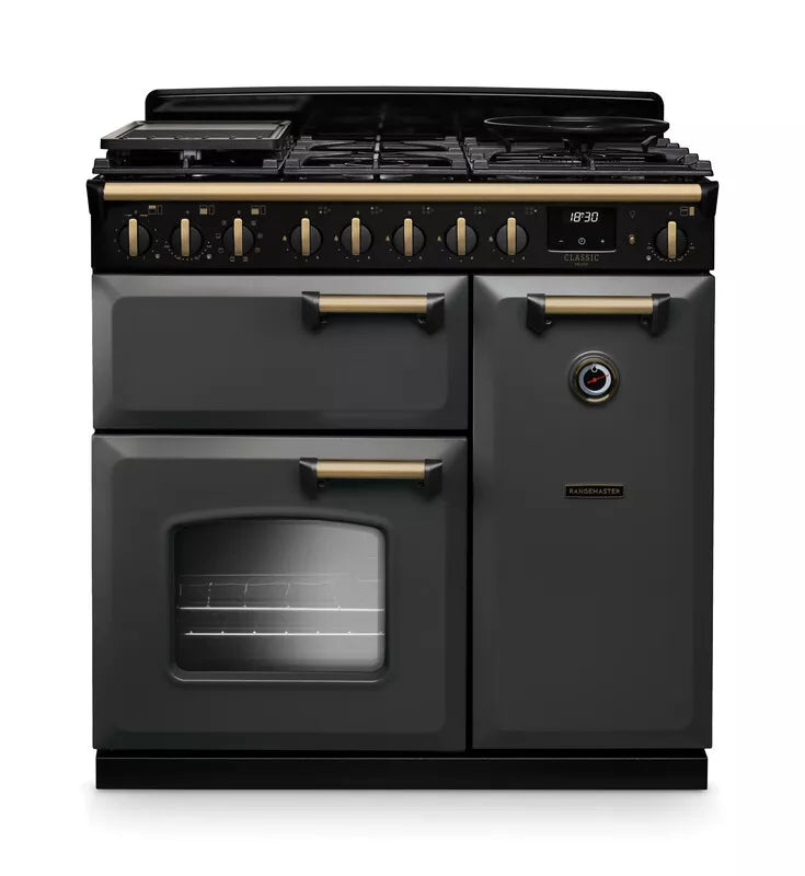 Rangemaster Classic Deluxe 90cm Dual Fuel Range Cooker - Slate & Brass | CLDL90DFPSLT/AB1