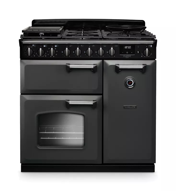 Rangemaster Classic Deluxe 90cm Dual Fuel Range Cooker - Slate & Chrome | CLDL90DFPSLT/CM1