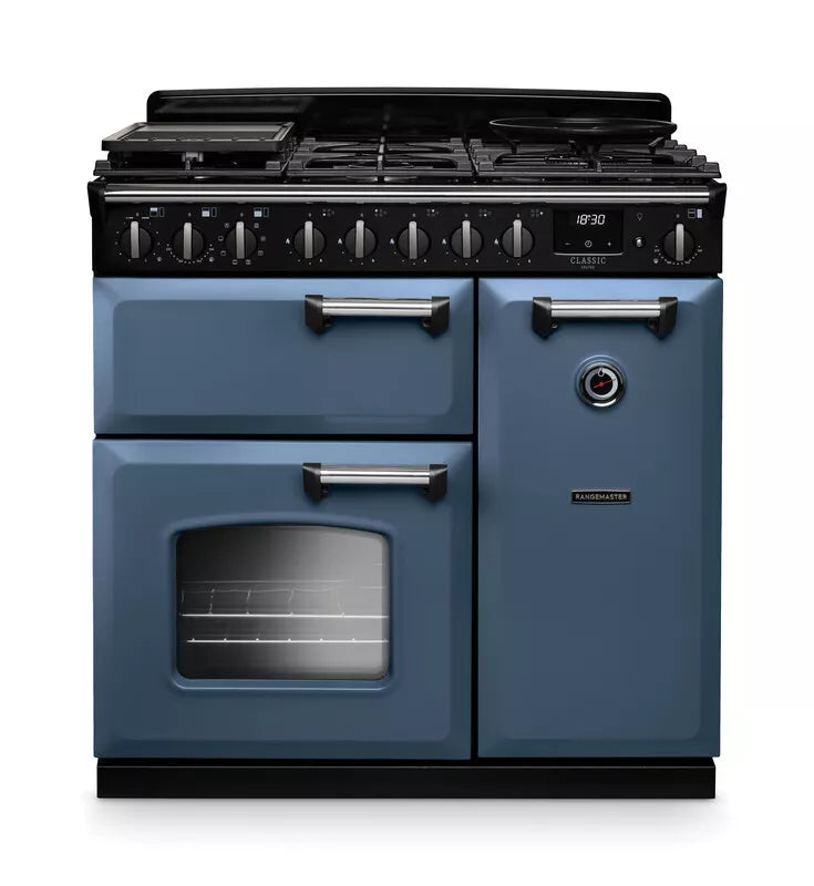 Rangemaster Classic Deluxe 90cm Dual Fuel Range Cooker - Stone Blue & Chrome | CLDL90DFPSTB/CM1