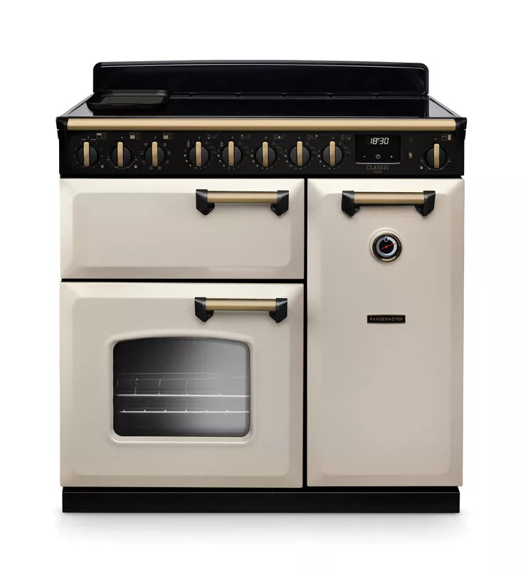 Rangemaster Classic Deluxe 90cm Induction Range Cooker - Pale Cream & Brass | CLDL100EIPPCR/AB1