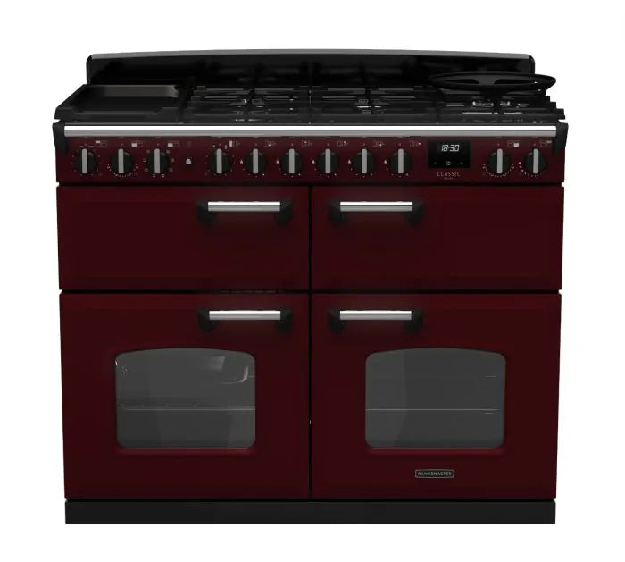 Rangemaster Classic Deluxe 110cm Dual Fuel Range Cooker (Slow Cook) - Bordeaux & Chrome | CLDLB110DFPBOR/CM1