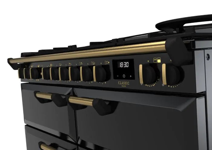 Rangemaster Classic Deluxe 110cm Dual Fuel Range Cooker (Slow Cook) - Glossy Black & Brass | CLDLB110DFPGBL/AB1