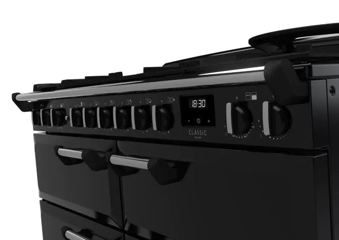 Rangemaster Classic Deluxe 110cm Dual Fuel Range Cooker (Slow Cook) - Glossy Black & Chrome | CLDLB110DFPGBL/CM1