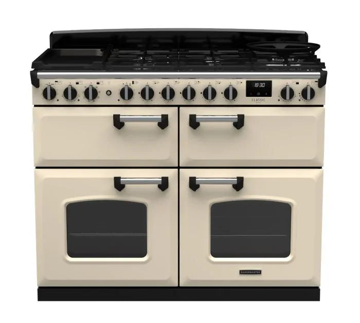 Rangemaster Classic Deluxe 110cm Dual Fuel Range Cooker (Slow Cook) - Pale Cream & Chrome | CLDLB110DFPPCR/CM1