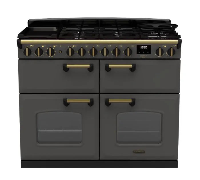 Rangemaster Classic Deluxe 110cm Dual Fuel Range Cooker (Slow Cook) - Slate & Brass | CLDLB110DFPSLT/AB1