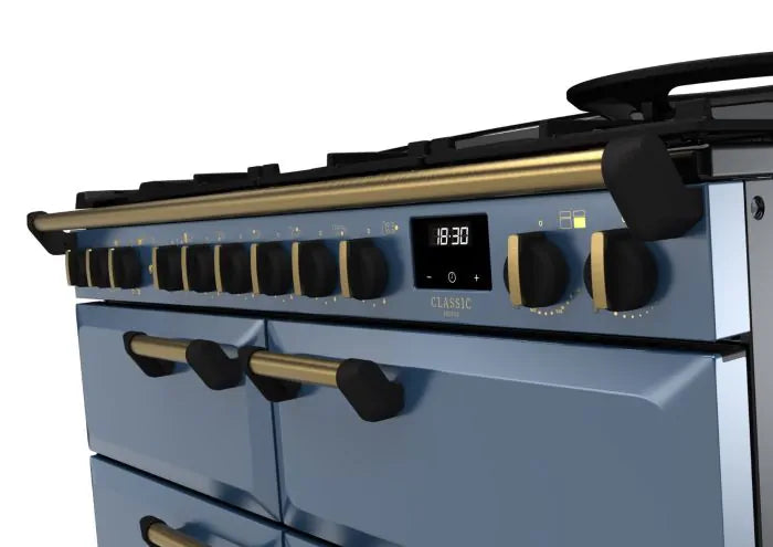 Rangemaster Classic Deluxe 110cm Dual Fuel Range Cooker (Slow Cook) - Stone Blue & Brass | CLDLB110DFPSTB/AB1